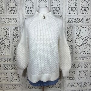 Anthropologie Cream Ivory Soft Bia Mock Neck Bubble‎ Sleeve Sweater Sz Medium